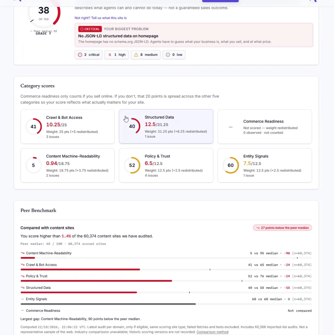 Recorded category scores showing access, structured business information, readable content, policies and identity, with online-store readiness marked not scored for this site.