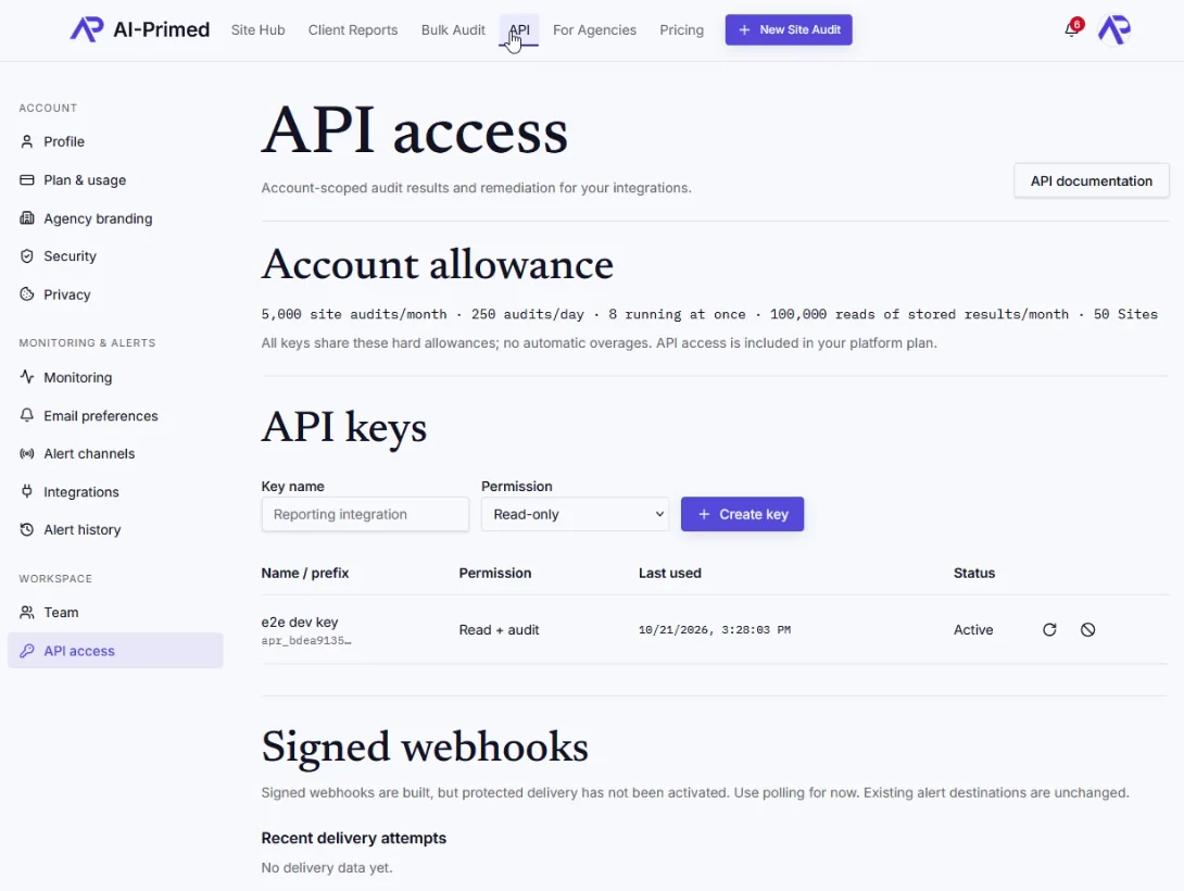 API access settings showing keys, scopes and usage.